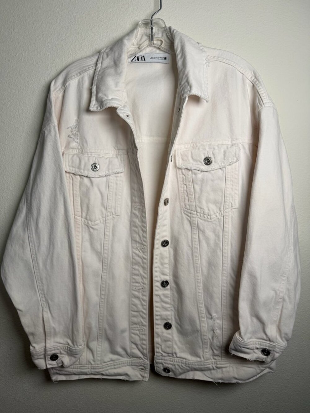 White Distressed Oversized Denim Jacket Trucker Silver Buttons Boyfriend Fit S